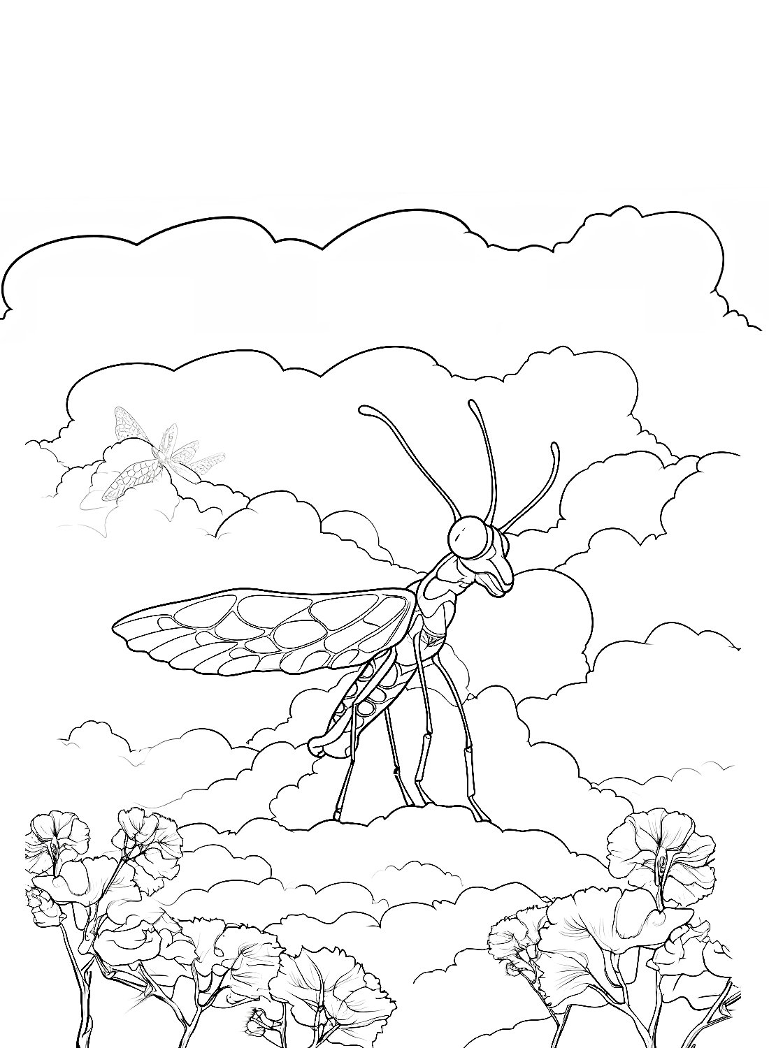 ระบายสี ตั๊กแตนตำข้าวและเมฆ