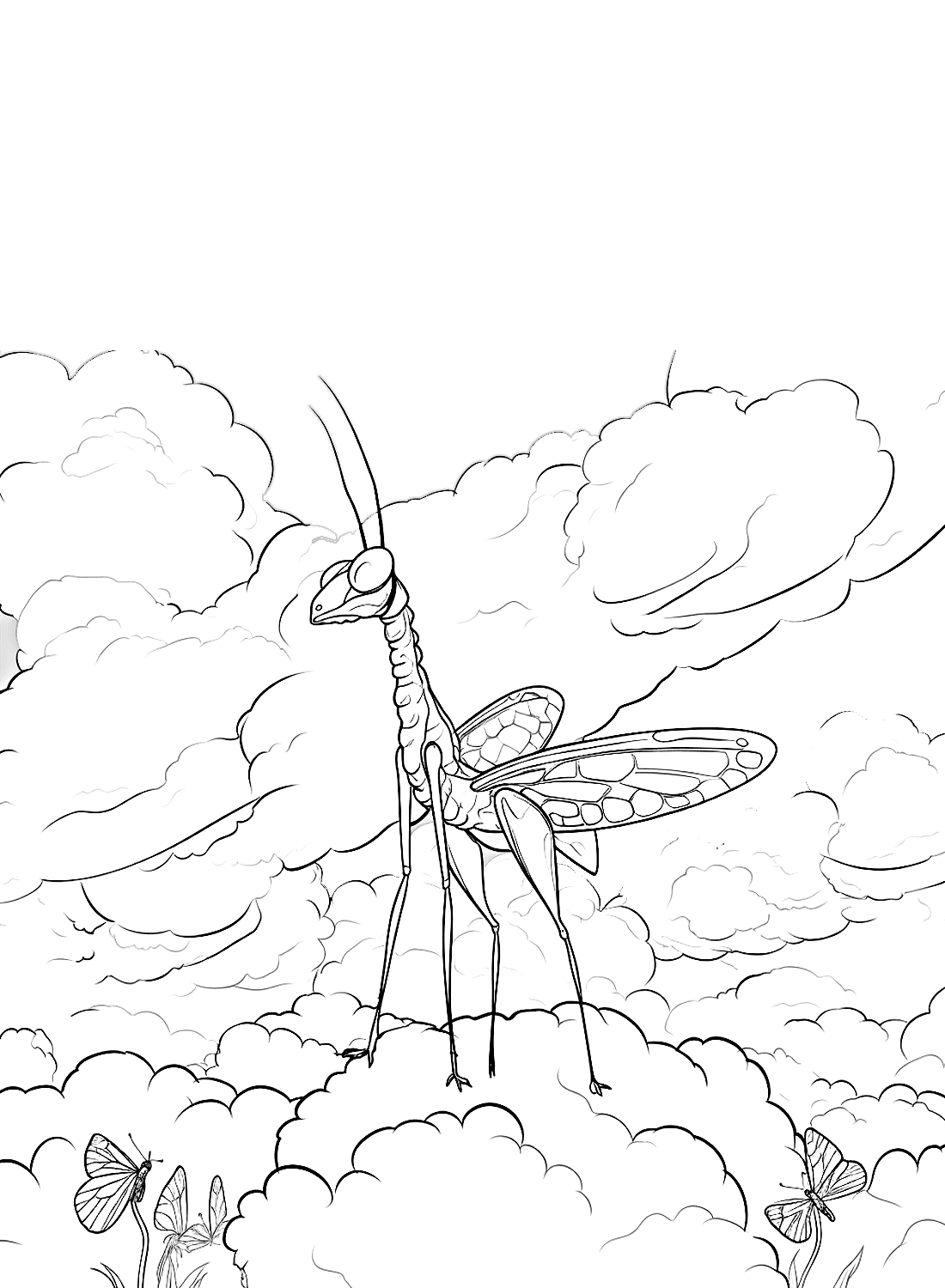 ระบายสี ตั๊กแตนตำข้าวและท้องฟ้า