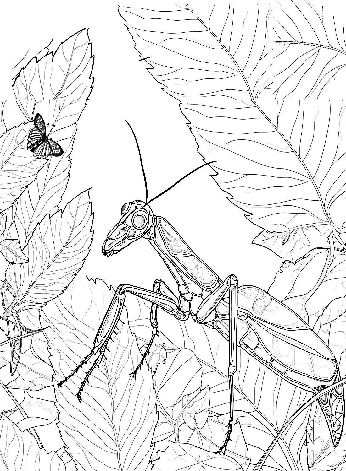 ระบายสี ตั๊กแตนตำข้าวและต้นไม้