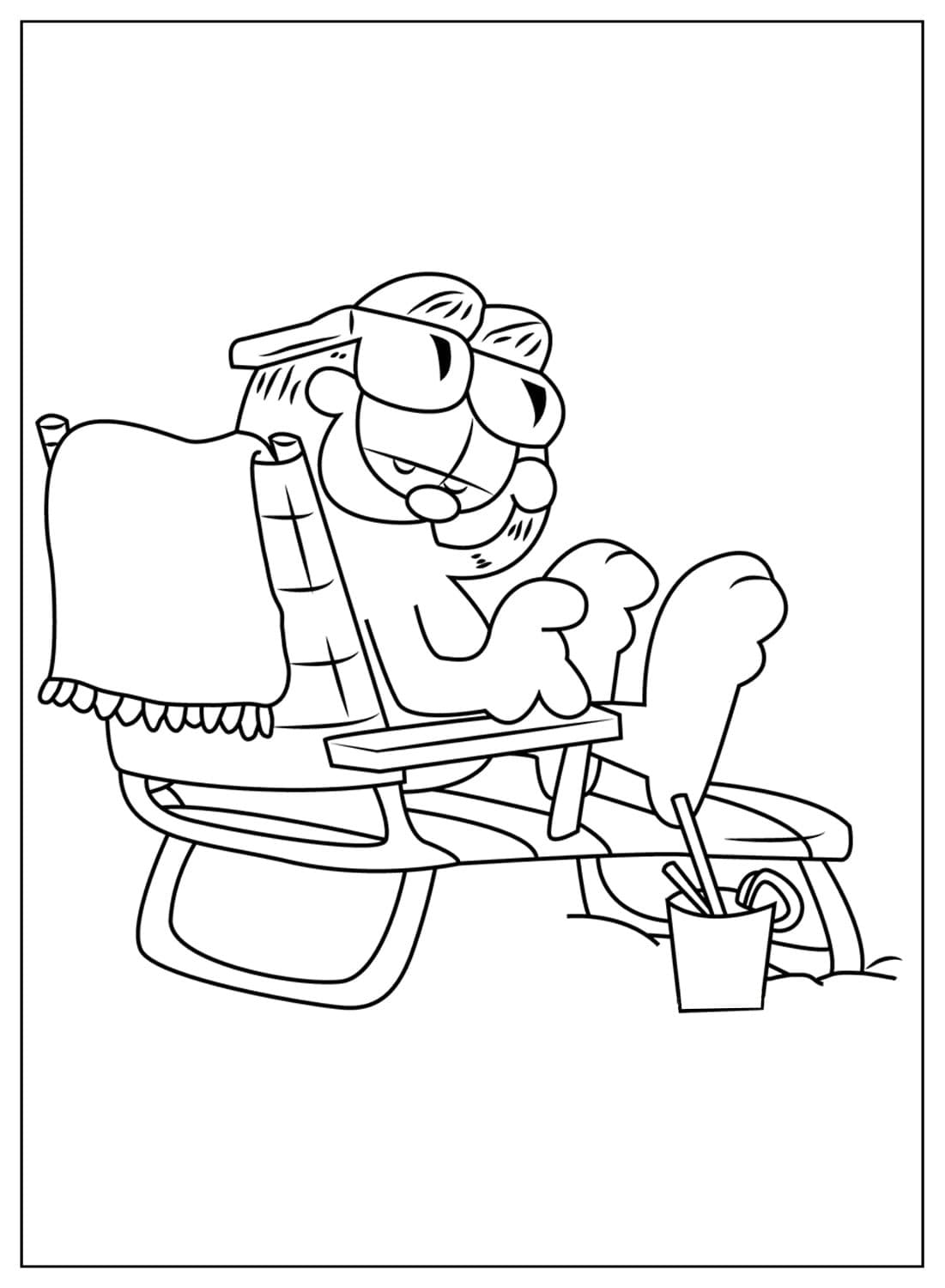 ระบายสี การ์ฟิลด์นั่งอยู่บนเก้าอี้ชายหาด