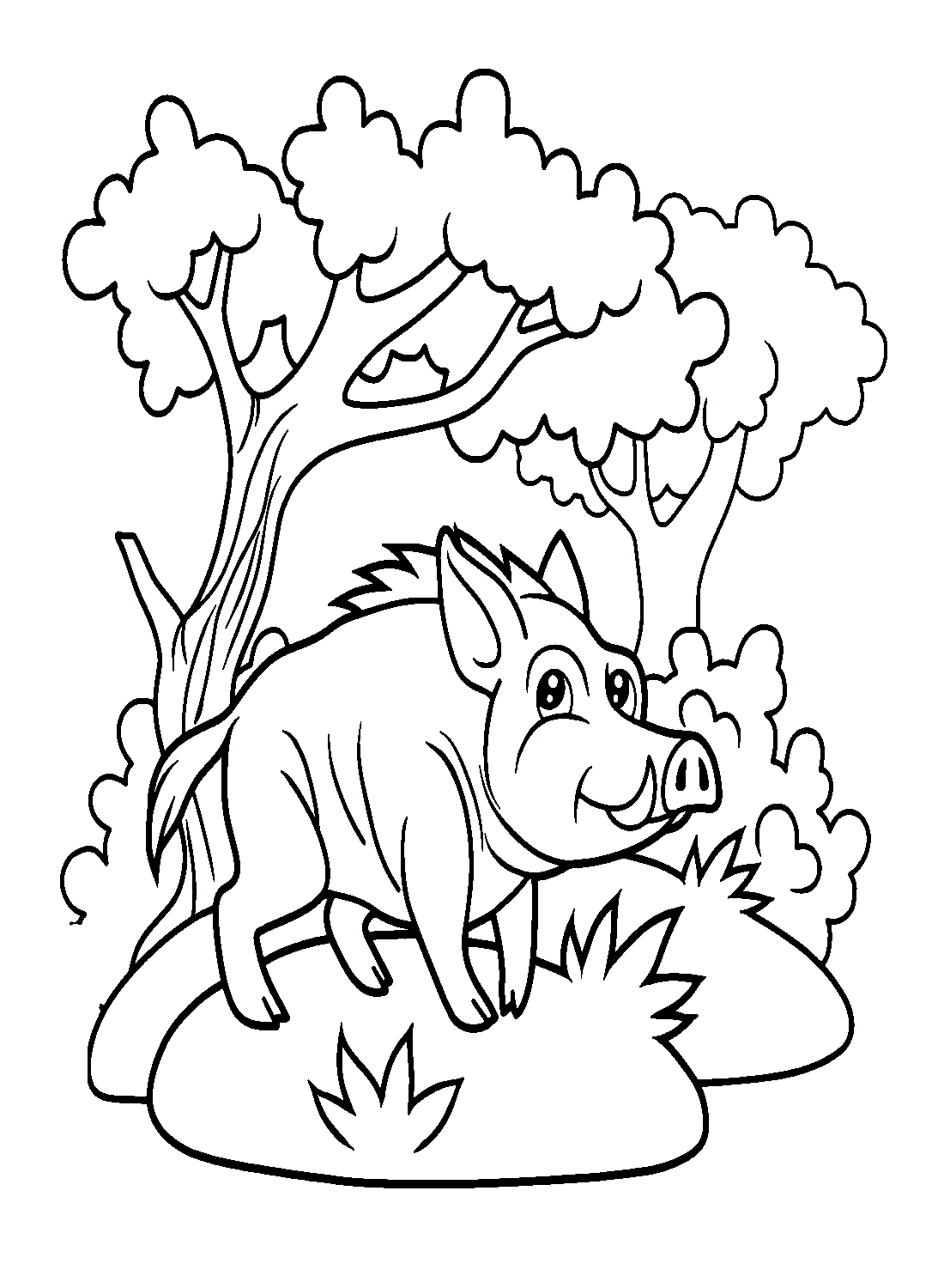 ระบายสี การ์ตูนหมูป่าเดินอยู่ในป่า