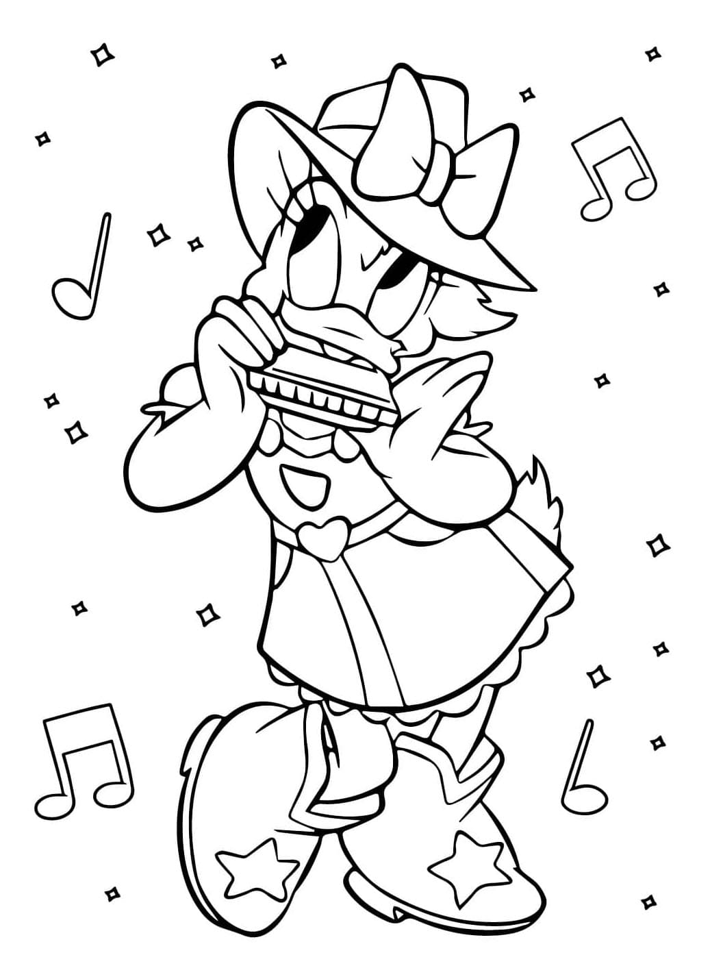 ระบายสี เดซี่ ดั๊ก กำลังเล่นฮาร์โมนิกา