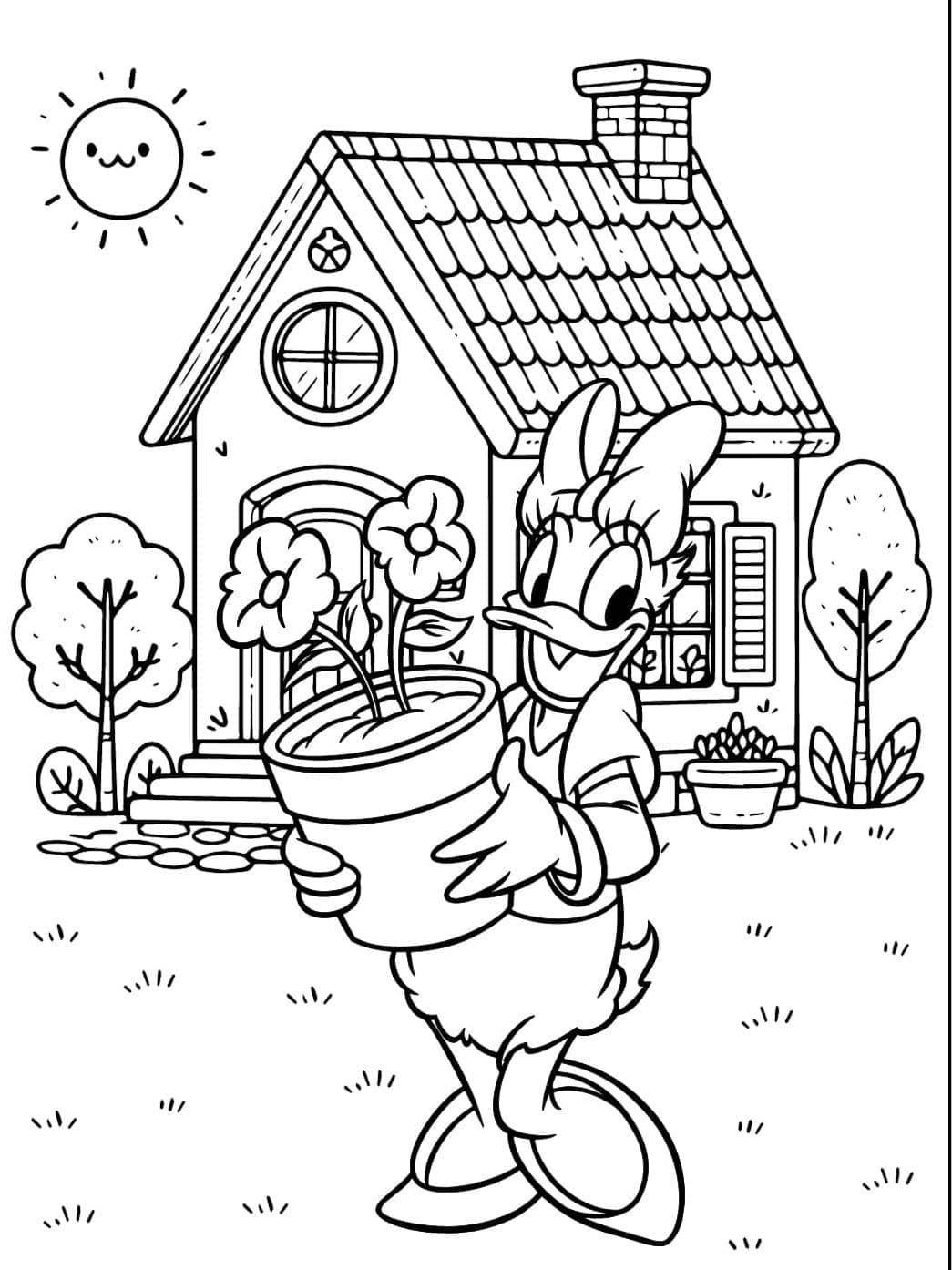 ระบายสี เดซี่ดั๊กถือกระถางดอกไม้