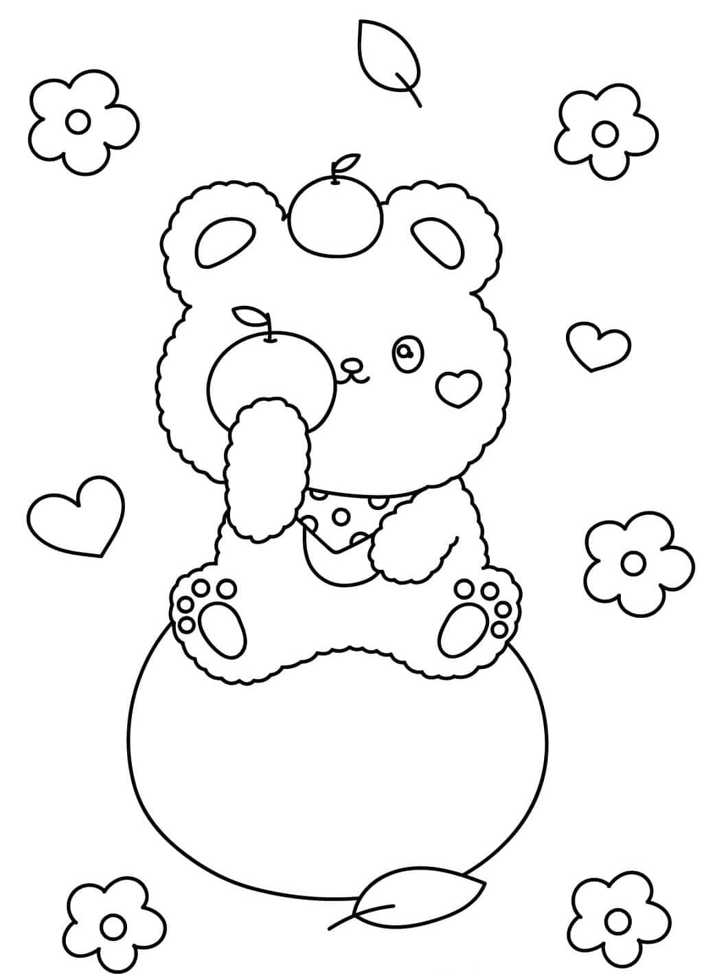 ระบายสี หมีน่ารักนั่งอยู่บนส้ม