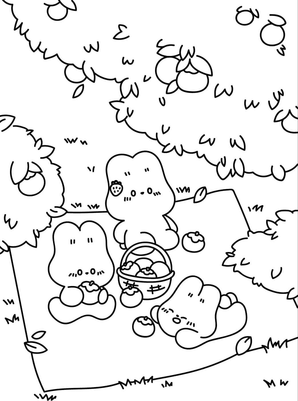 ระบายสี กระต่ายน่ารักสามตัวในสวนส้ม