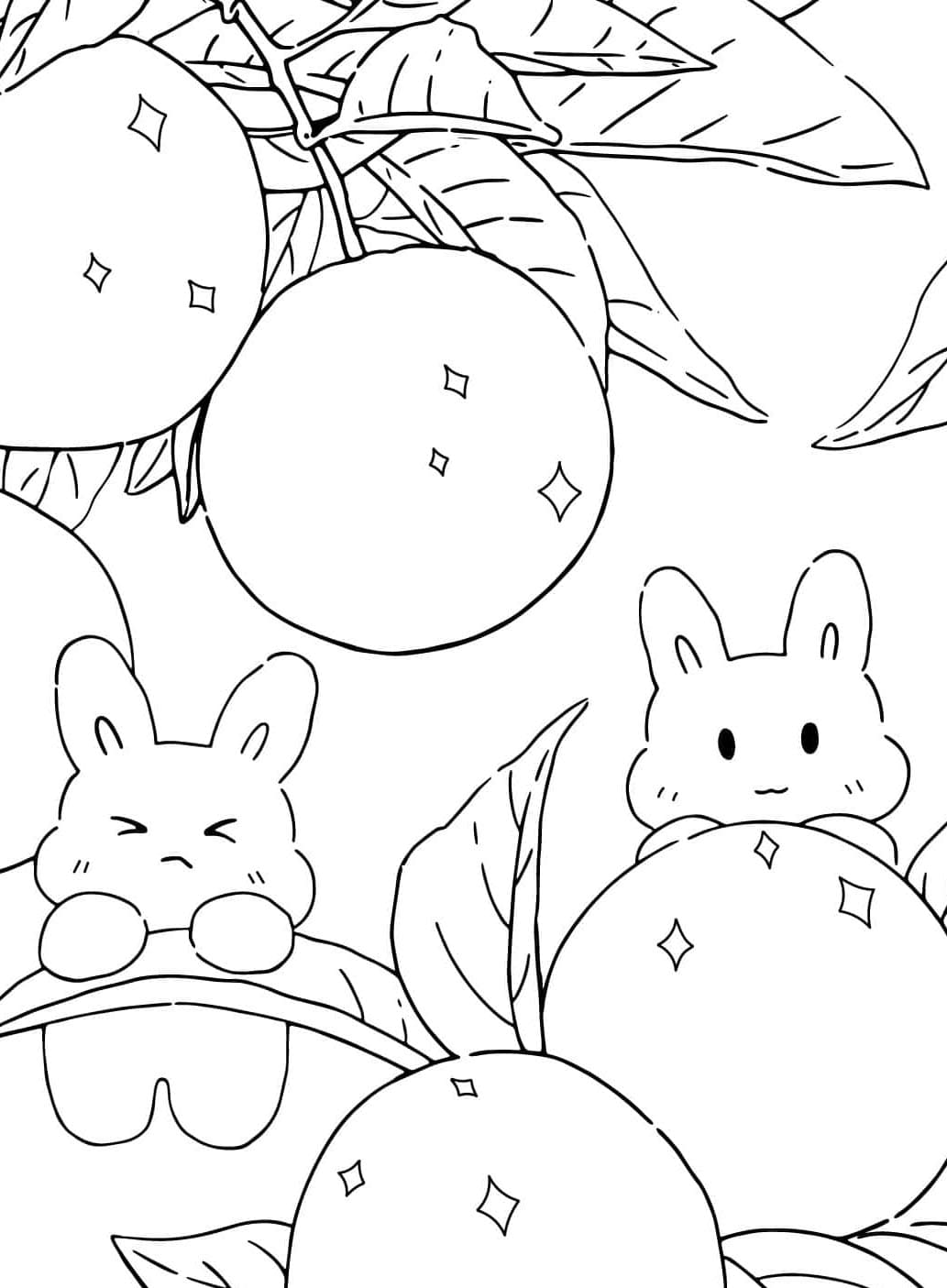 ระบายสี กระต่ายน่ารักสองตัวและส้ม