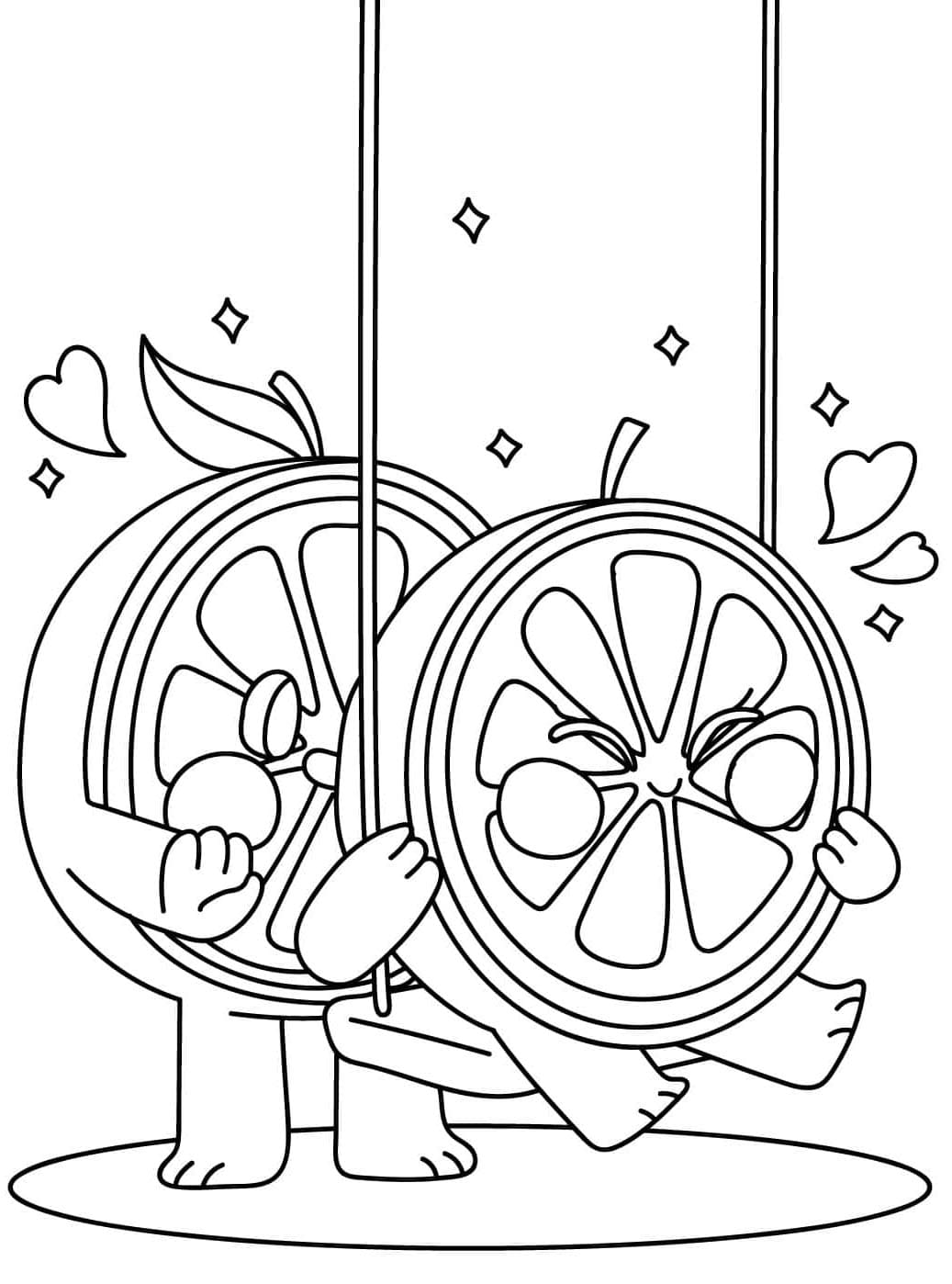 ระบายสี ส้มสองลูกกำลังเล่นชิงช้า