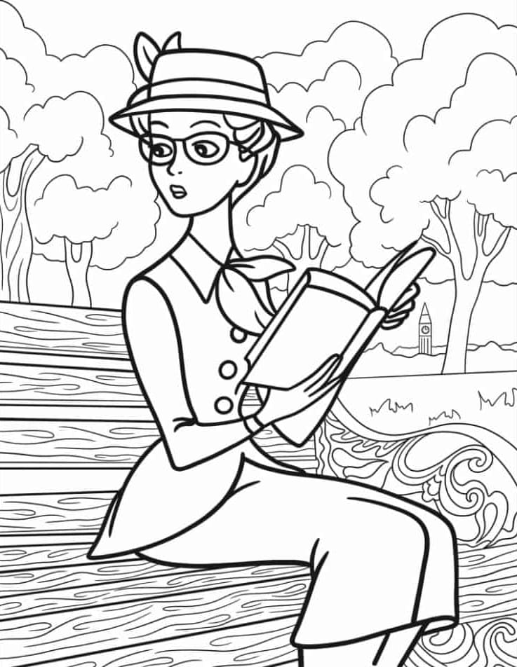 ระบายสี อานิตา แรดคลิฟฟ์ อ่านหนังสือในสวนสาธารณะ