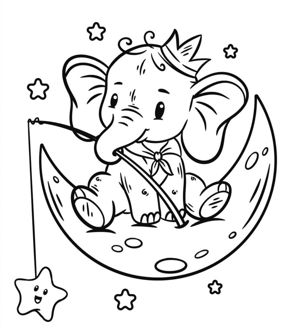 ระบายสี ช้างนั่งอยู่บนดวงจันทร์