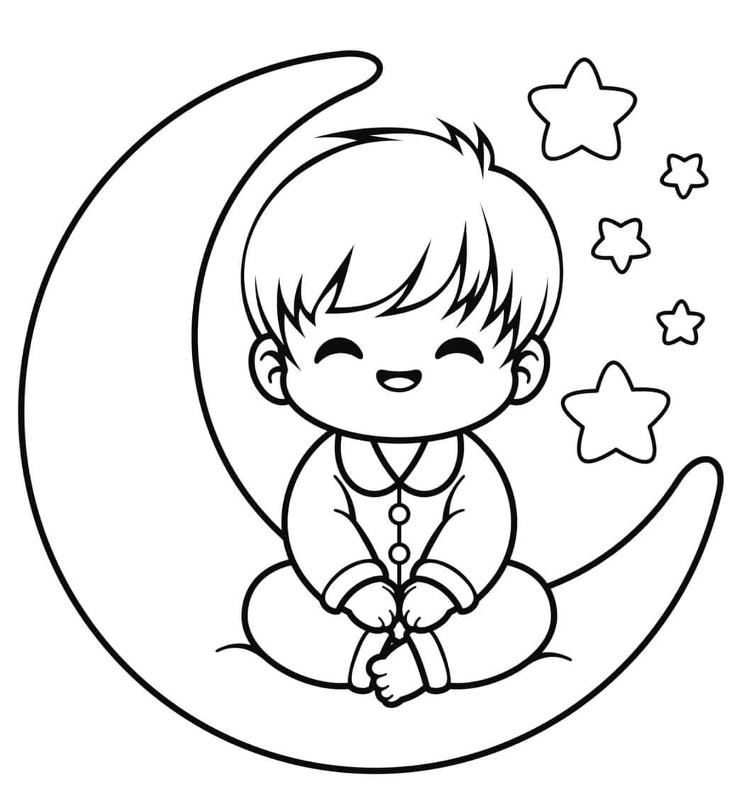 ระบายสี เด็กชายมีความสุขนั่งอยู่บนดวงจันทร์