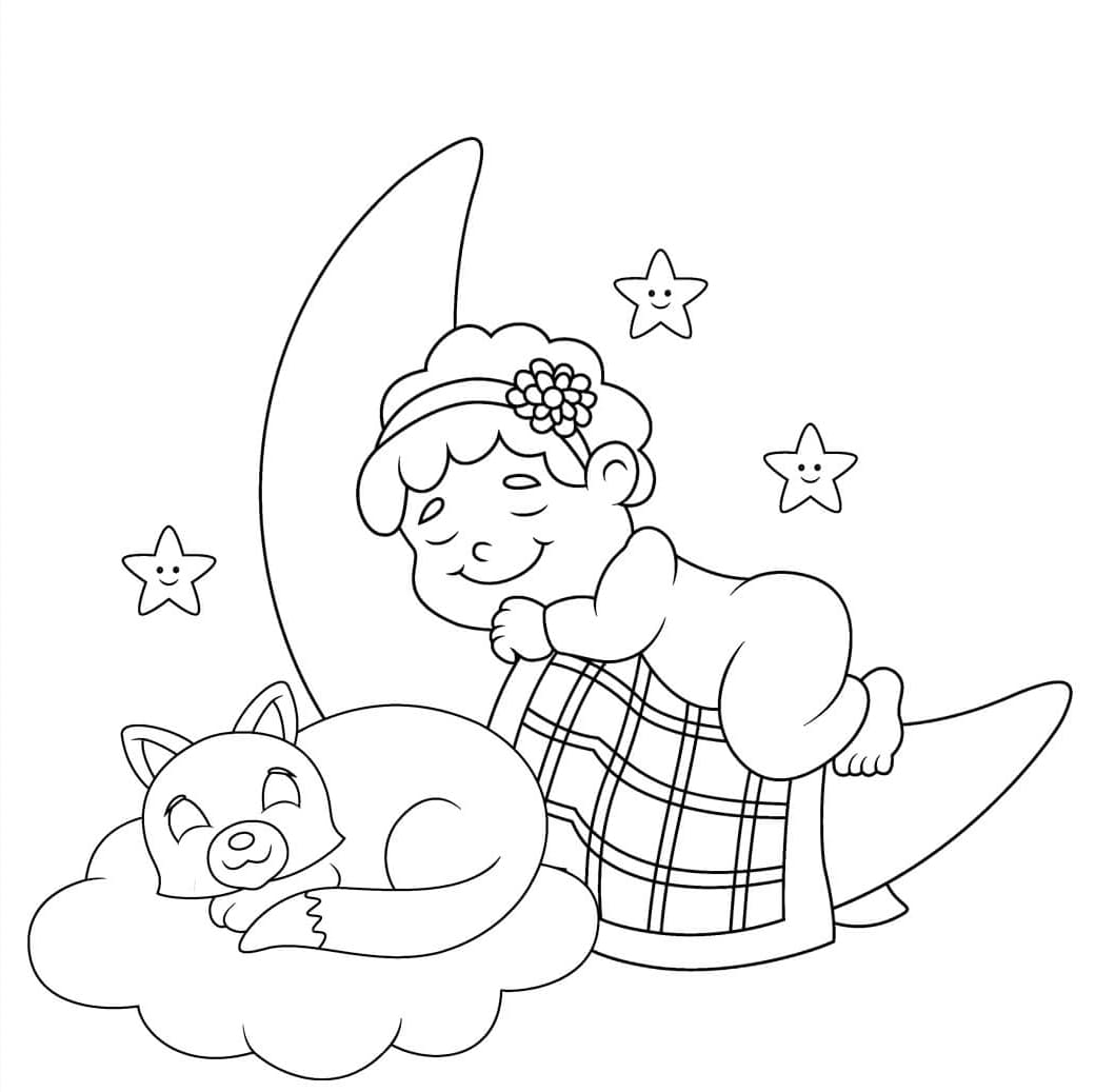 ระบายสี เด็กน้อยกับแมวนอนหลับพระจันทร์
