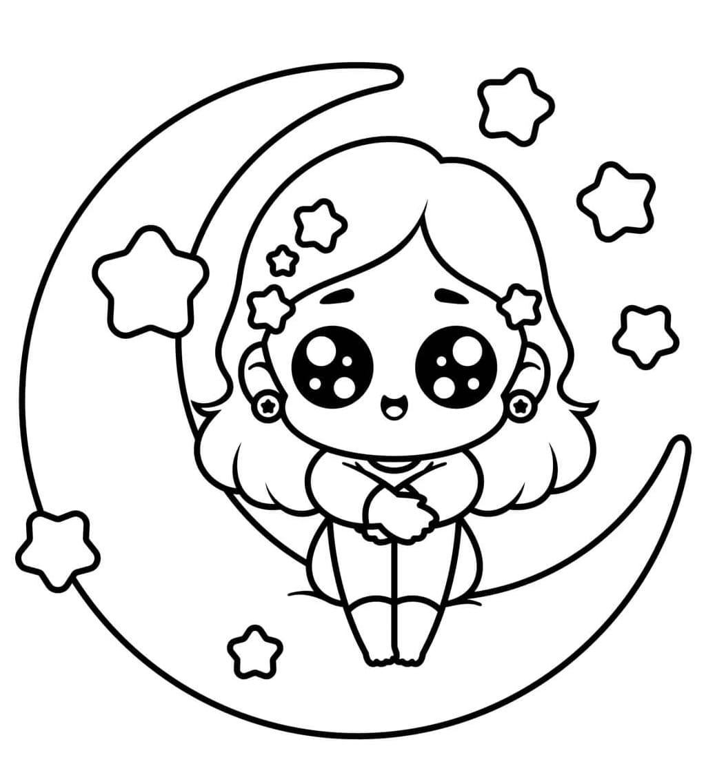 ระบายสี เด็กสาวนั่งอยู่บนดวงจันทร์