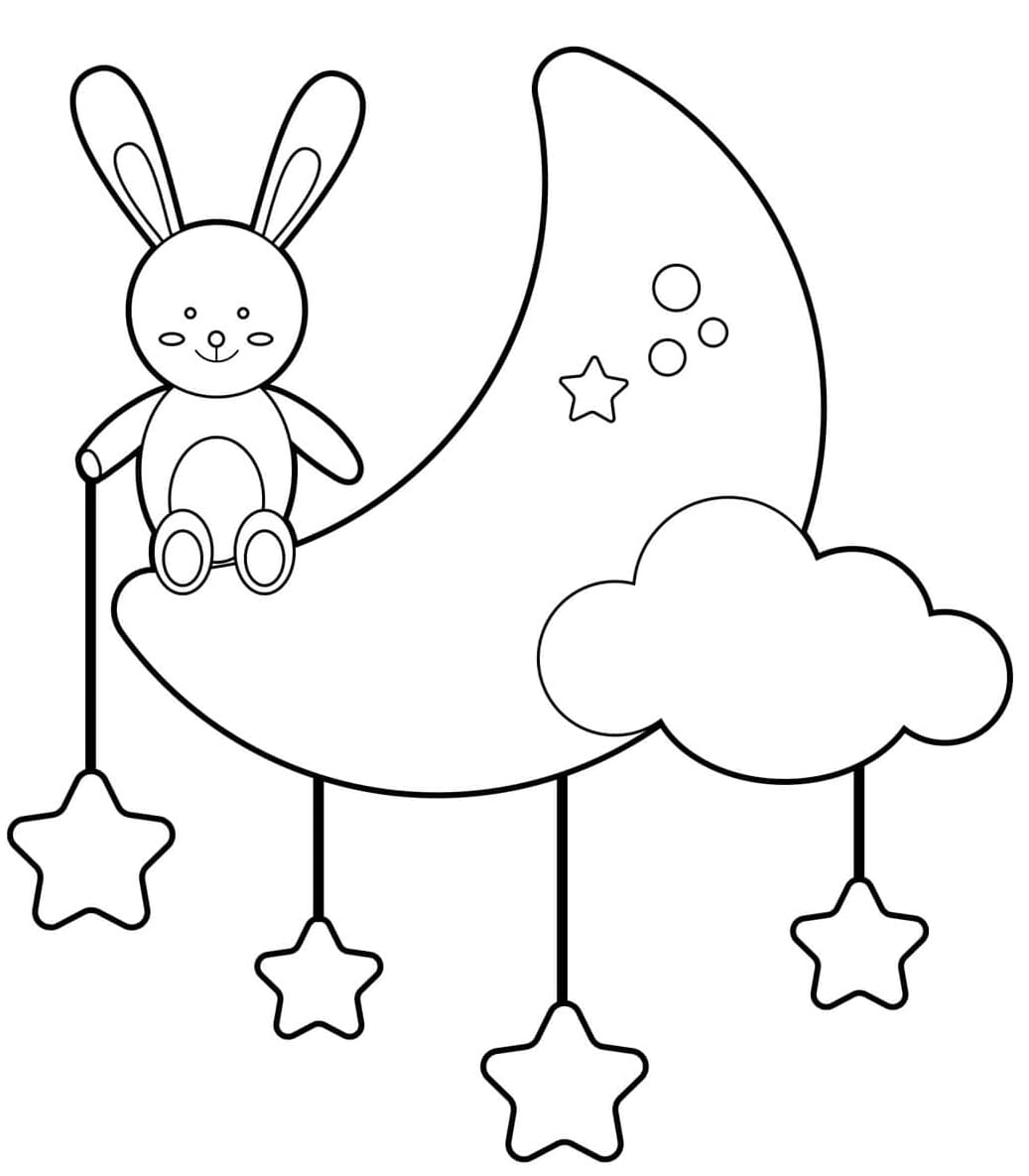 ระบายสี กระต่ายน่ารักนั่งอยู่บนดวงจันทร์