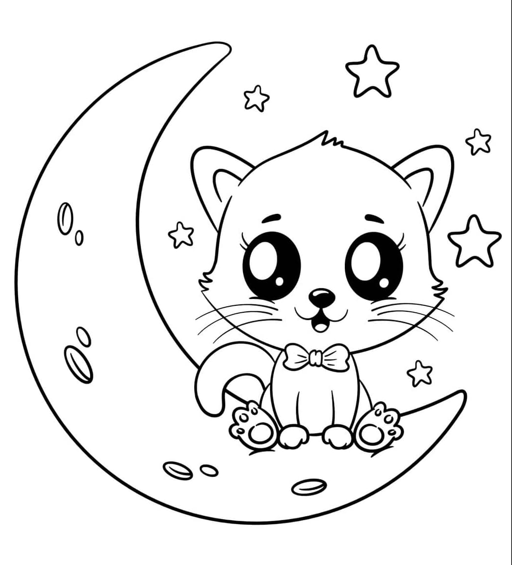 ระบายสี แมวน่ารักนั่งอยู่บนดวงจันทร์