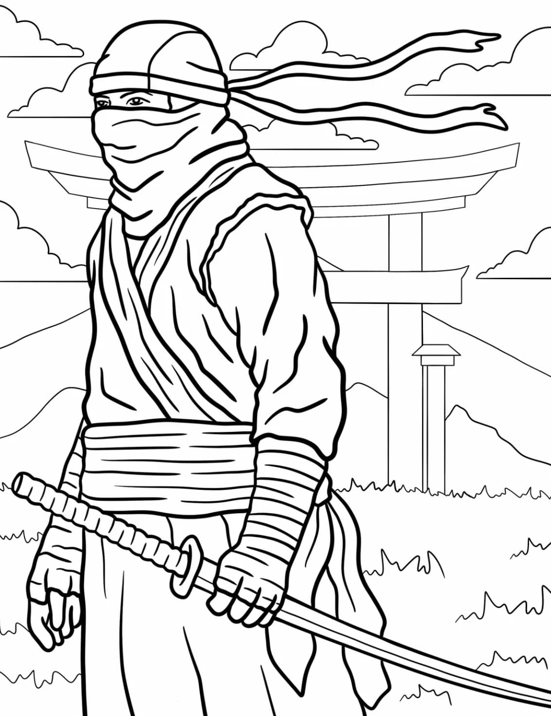 ระบายสี นินจาที่สมจริงอยู่หน้าโทริอิ