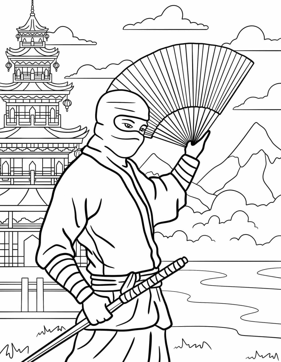 ระบายสี นินจาถือดาบและพัด