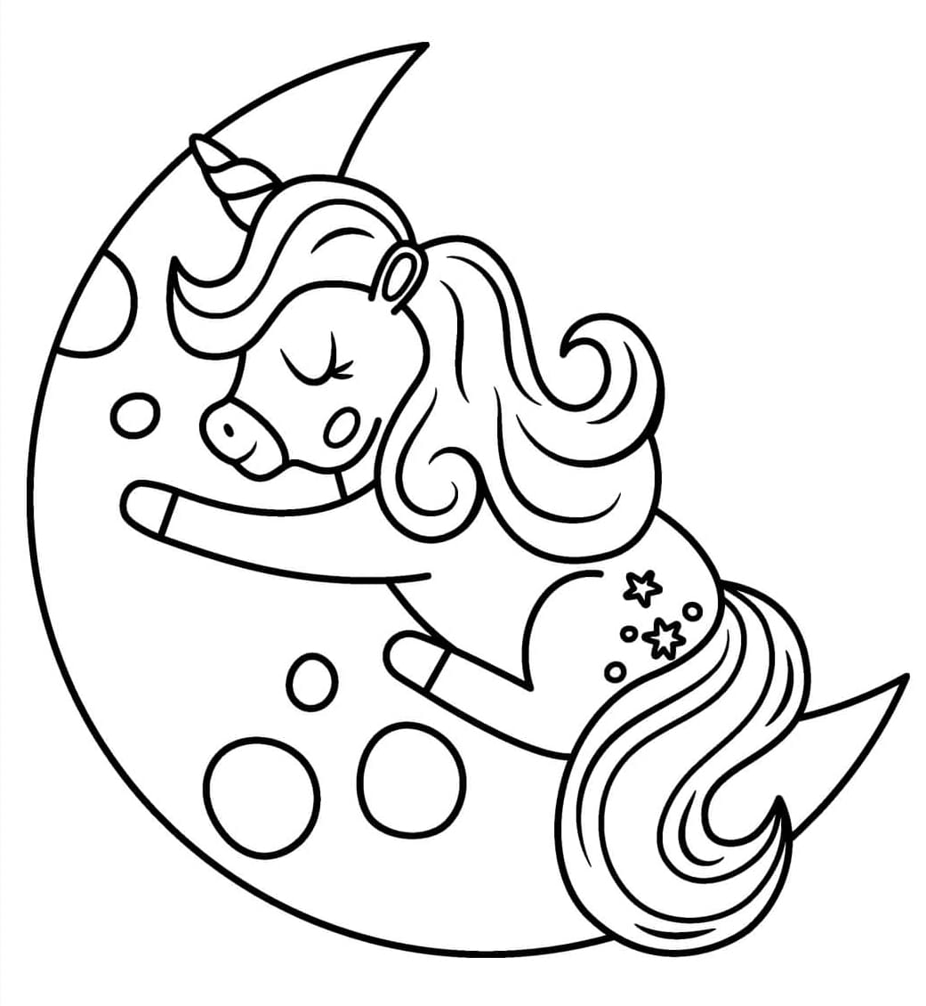 ระบายสี ยูนิคอร์นนอนหลับบนพระจันทร์ครึ่งเสี้ยว