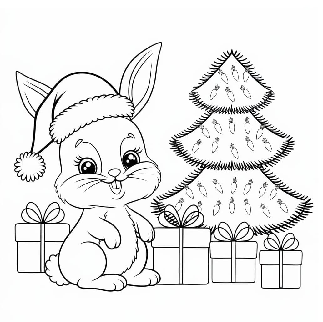 ระบายสี กระต่ายกับต้นคริสต์มาสและของขวัญ