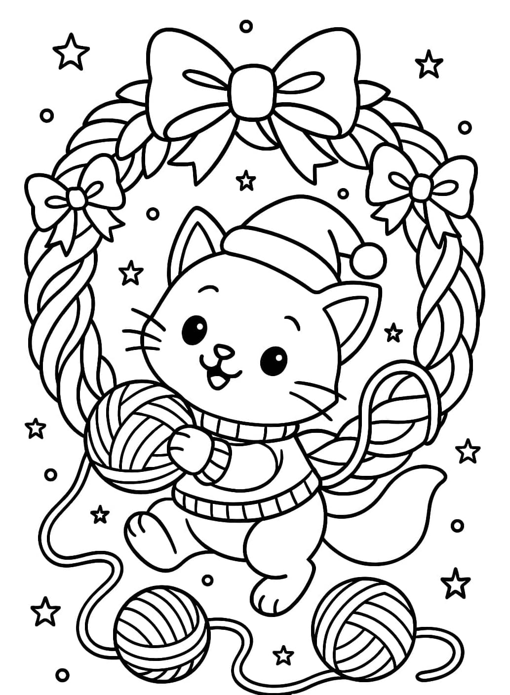 ระบายสี ลูกแมวสวมหมวกซานต้าพร้อมลูกบอลไหมพรม