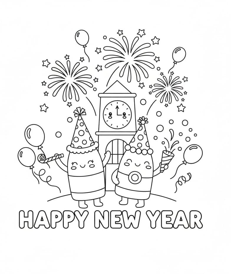 ระบายสี ภาพพิมพ์สุขสันต์วันปีใหม่ ฟรี