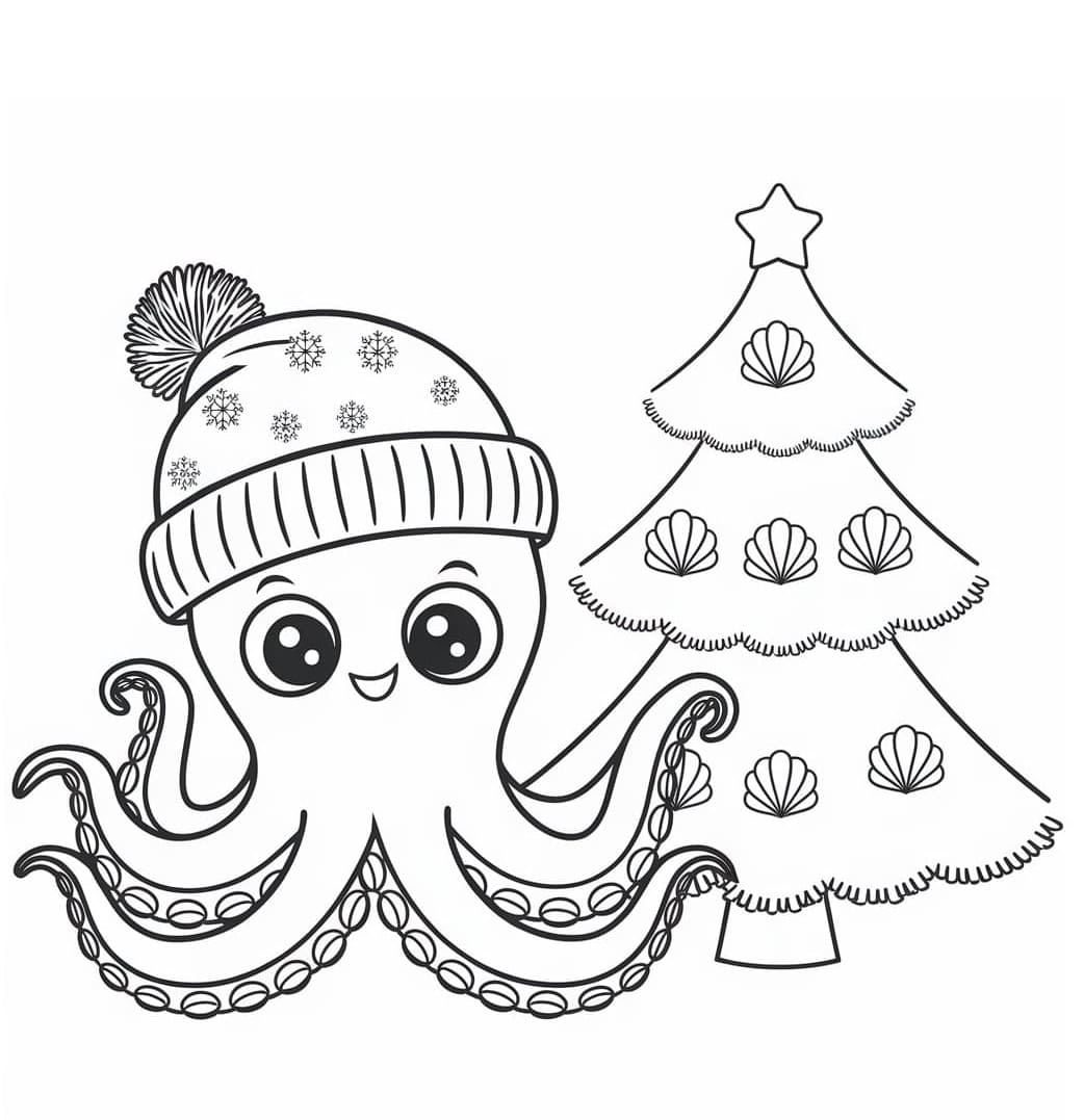 ระบายสี ปลาหมึกคริสต์มาสน่ารัก