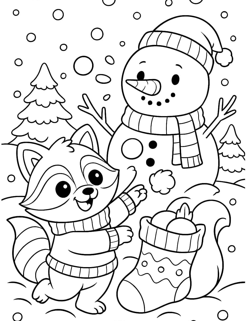 ระบายสี แรคคูนน่ารักกับตุ๊กตาหิมะและลูกโอ๊ก