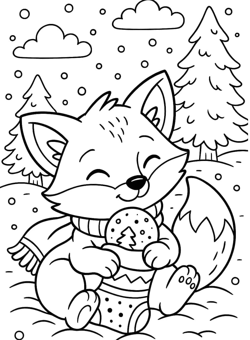 ระบายสี สุนัขจิ้งจอกยิ้มสวมผ้าพันคอถือคุกกี้คริสต์มาส