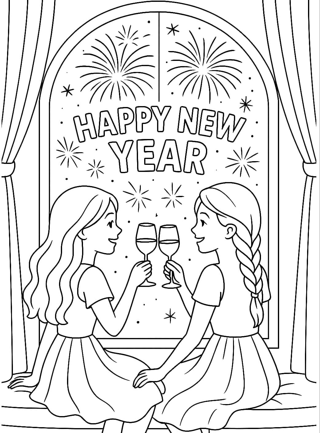 ระบายสี สองสาวชนแก้วข้างหน้าต่าง สุขสันต์วันปีใหม่