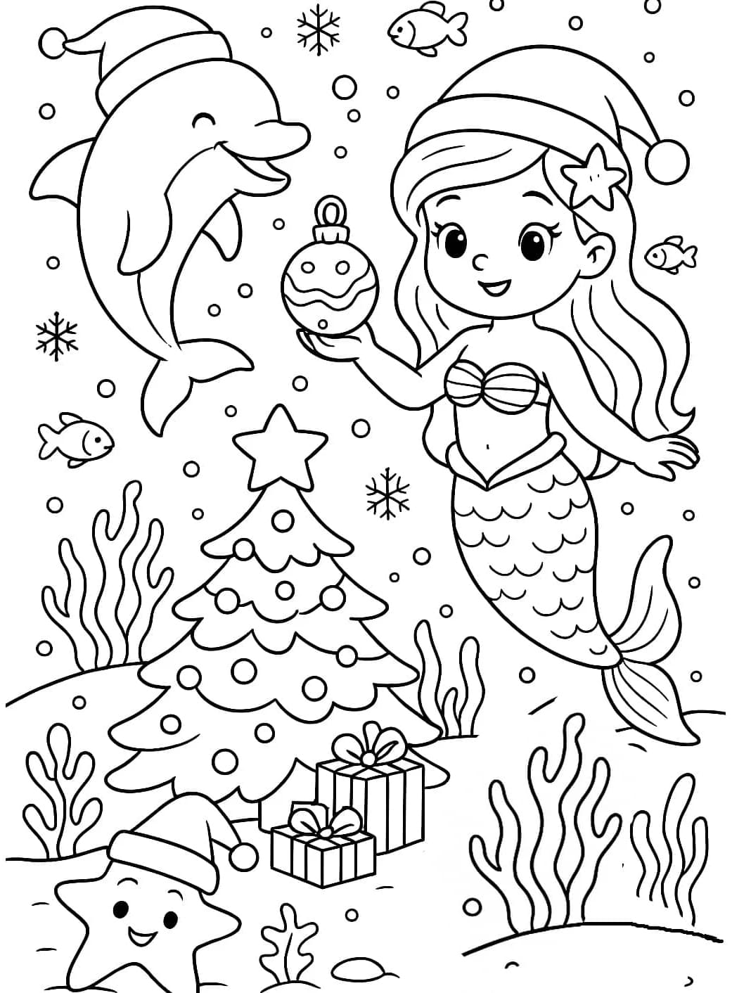 ระบายสี ต้นคริสต์มาสใต้น้ำ นางเงือก โลมา ปลาดาว