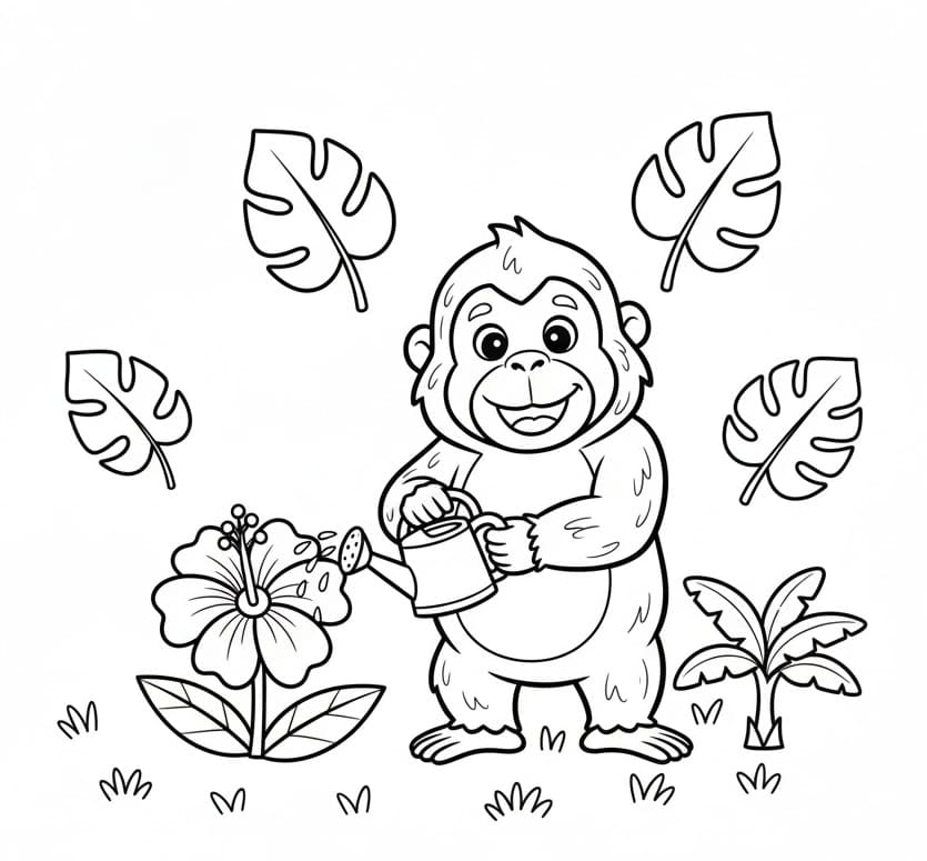 ระบายสี อุรังอุตังรดน้ำดอกไม้