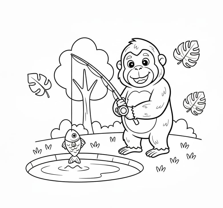 ระบายสี อุรังอุตังออกไปตกปลา