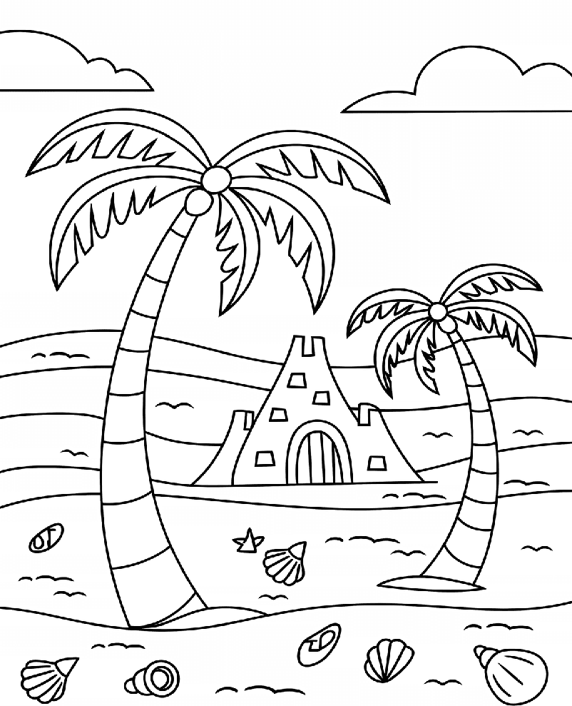 ระบายสี บ้านริมทะเลใต้ต้นมะพร้าว