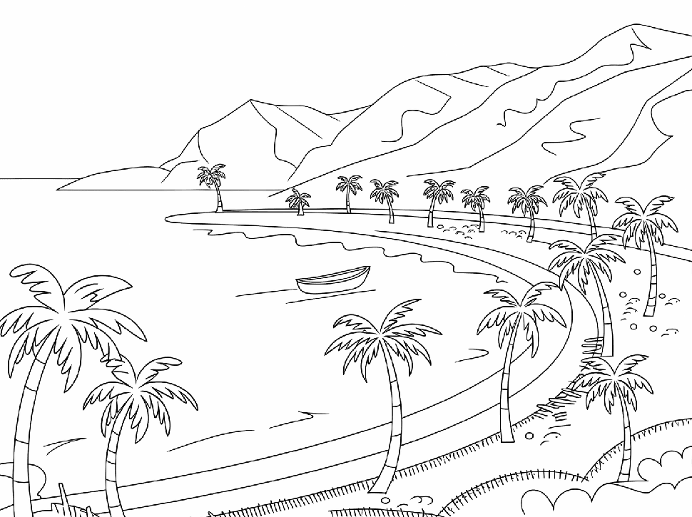ระบายสี ชายฝั่งภูเขาและต้นมะพร้าว