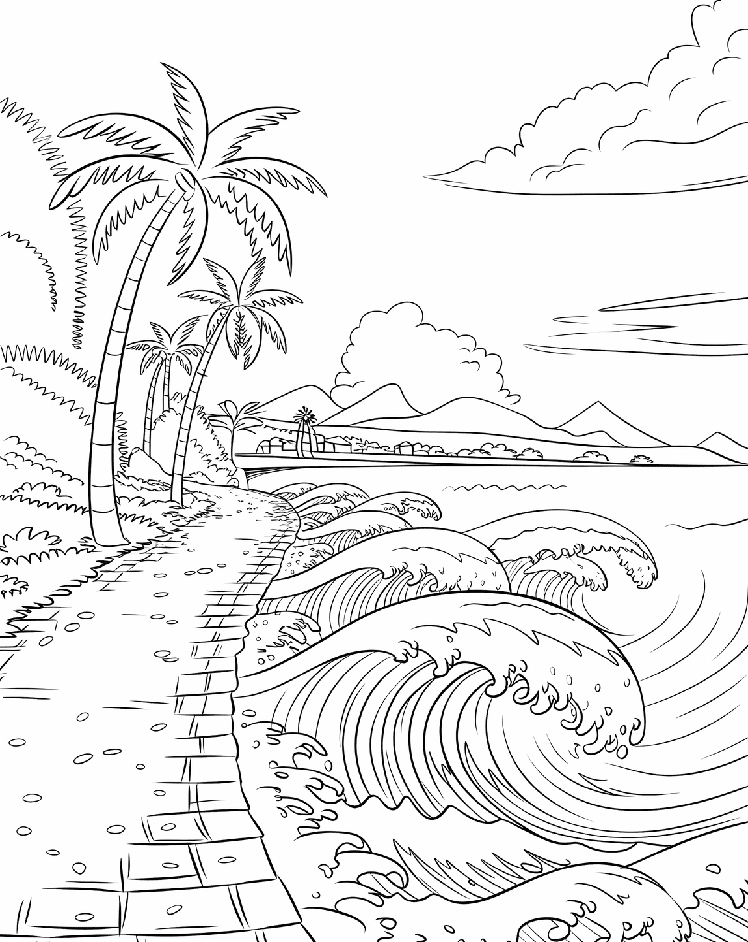 ระบายสี ชายหาดต้นมะพร้าวเงียบสงบ