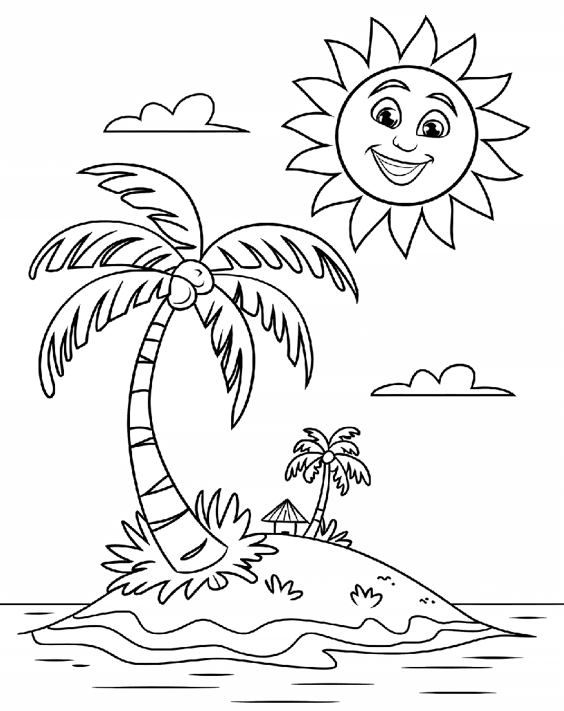 ระบายสี เกาะเล็กใต้ต้นมะพร้าวและแสงแดด