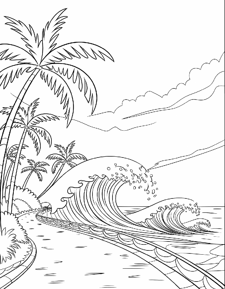 ระบายสี คลื่นซัดฝั่งและต้นมะพร้าว