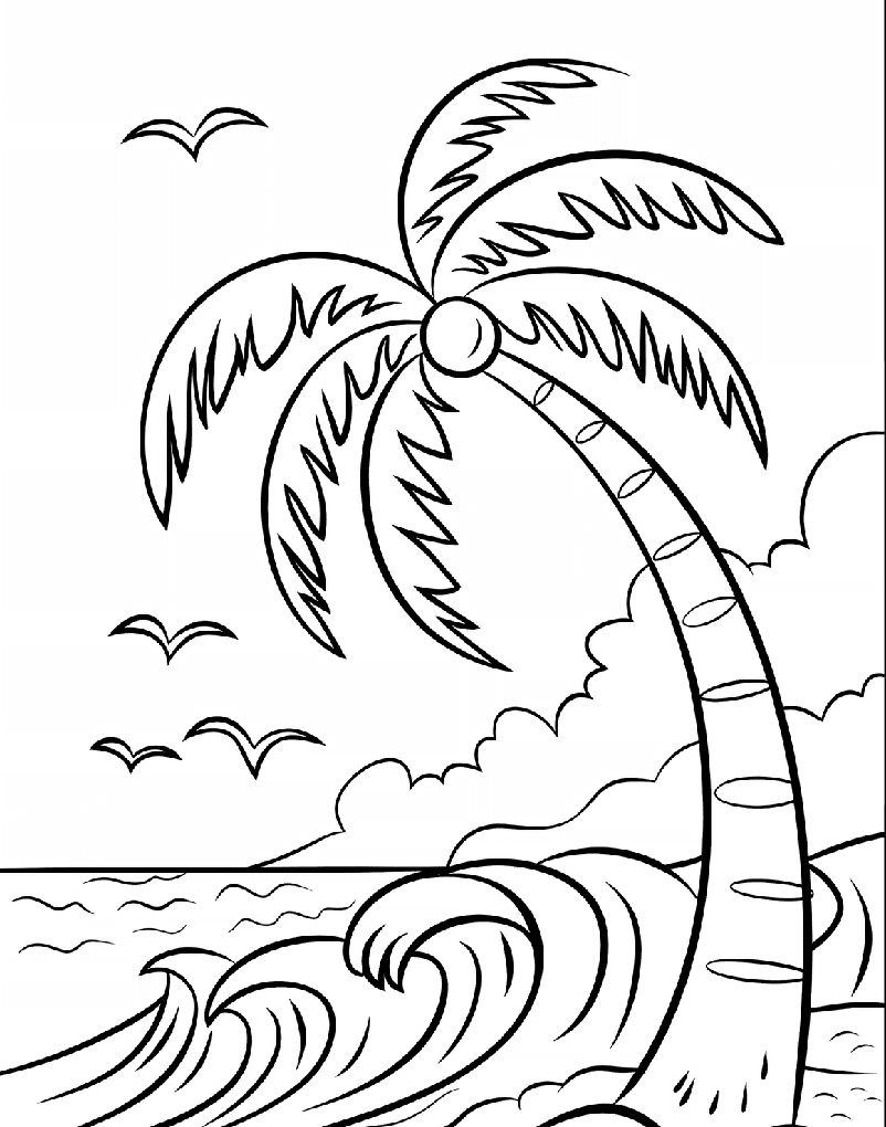 ระบายสี คลื่นทะเลใต้ต้นมะพร้าว