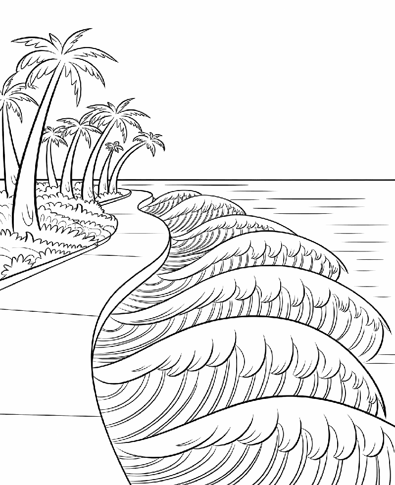 ระบายสี โค้งคลื่นริมฝั่งต้นมะพร้าว