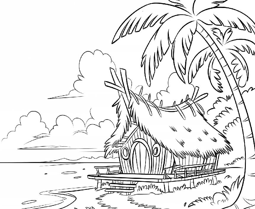 ระบายสี กระท่อมริมทะเลใต้ต้นมะพร้าว