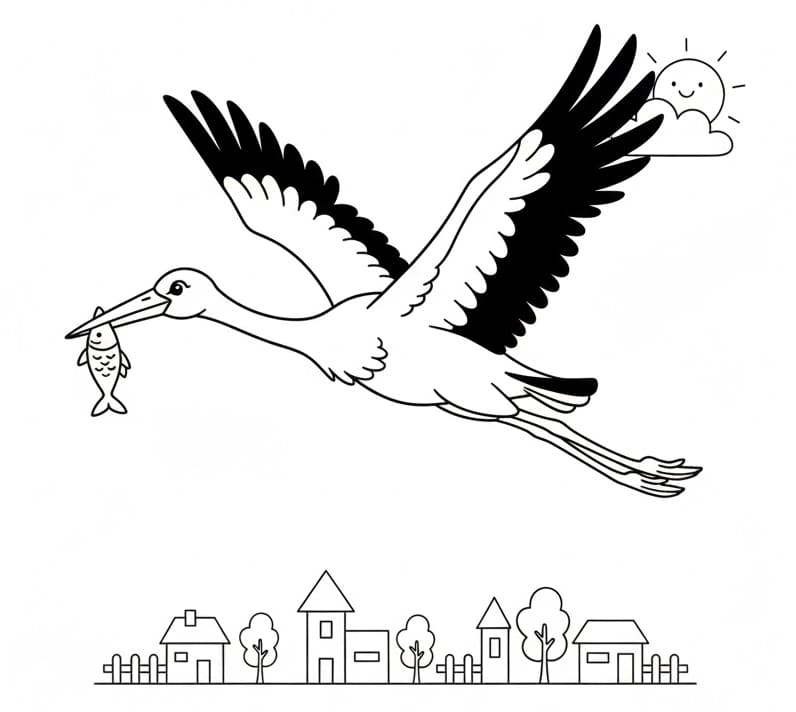 ระบายสี นกกระสาบินอยู่บนท้องฟ้า