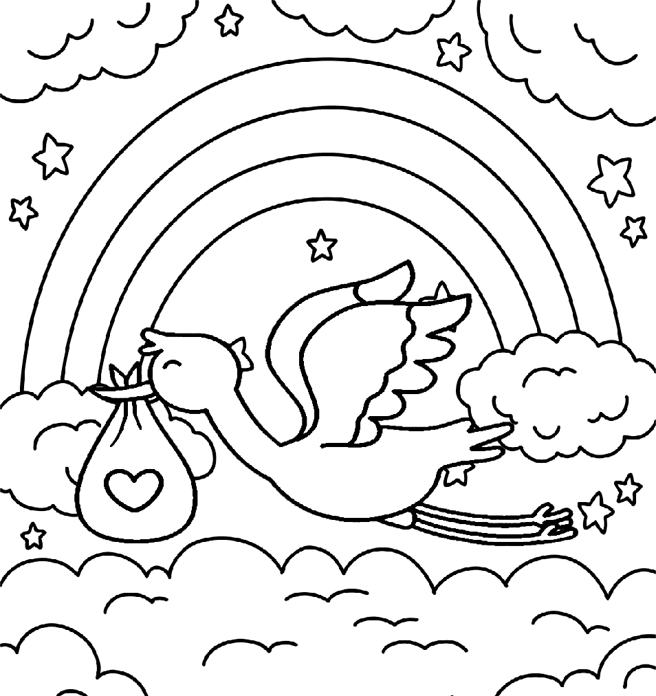 ระบายสี นกกระสาคาบถุงผ้าที่มีรุ้งอยู่ข้างใน