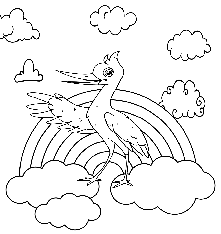 ระบายสี นกกระสาพร้อมสายรุ้งและเมฆ