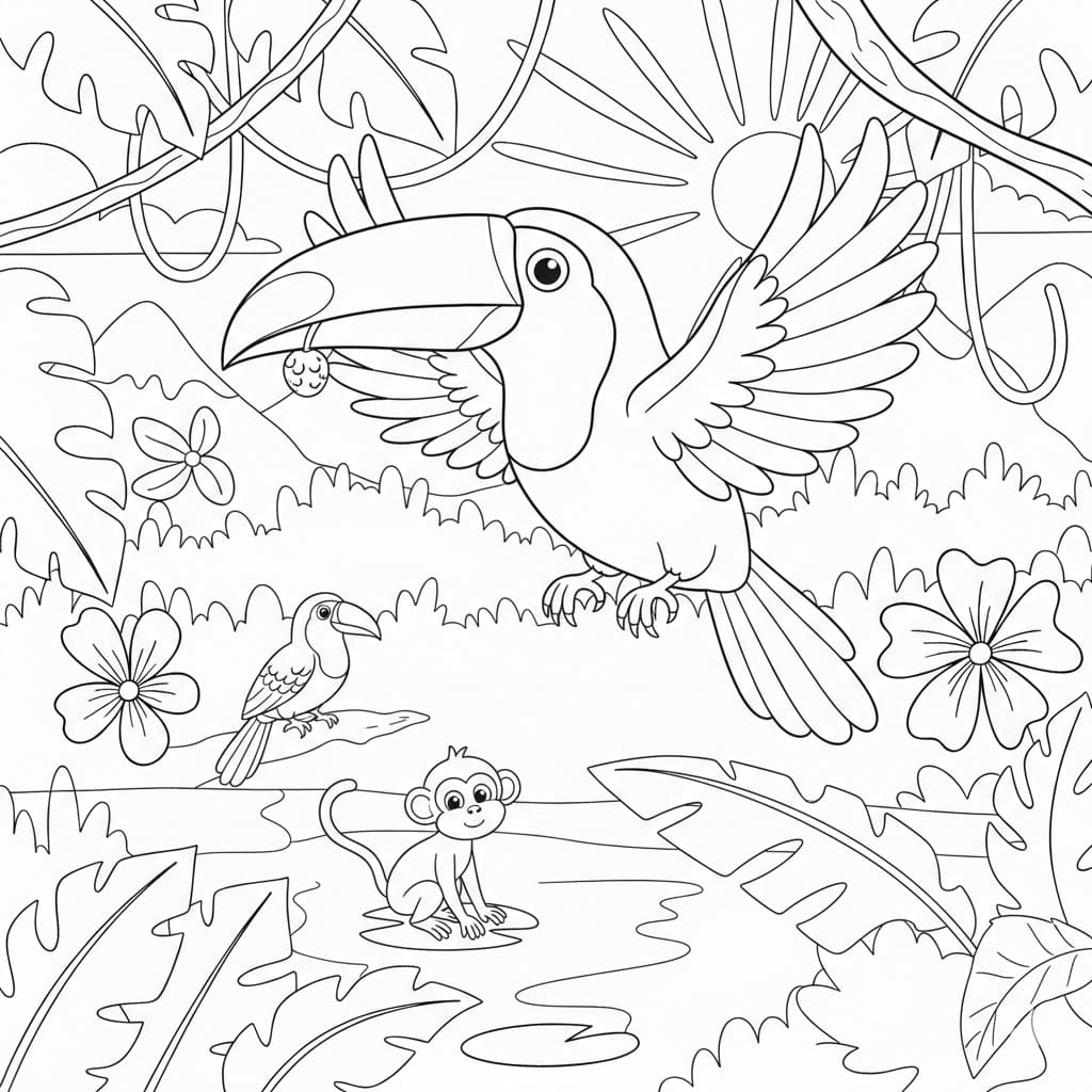 ระบายสี นกทูแคนบินตามธรรมชาติ
