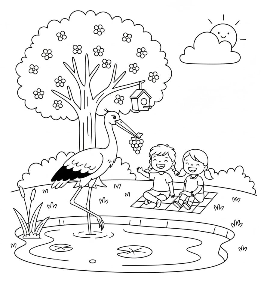 ระบายสี ภาพพิมพ์นกกระสา