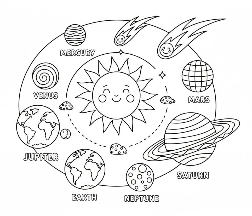 ระบายสี ภาพพิมพ์ระบบสุริยะฟรีสำหรับเด็ก
