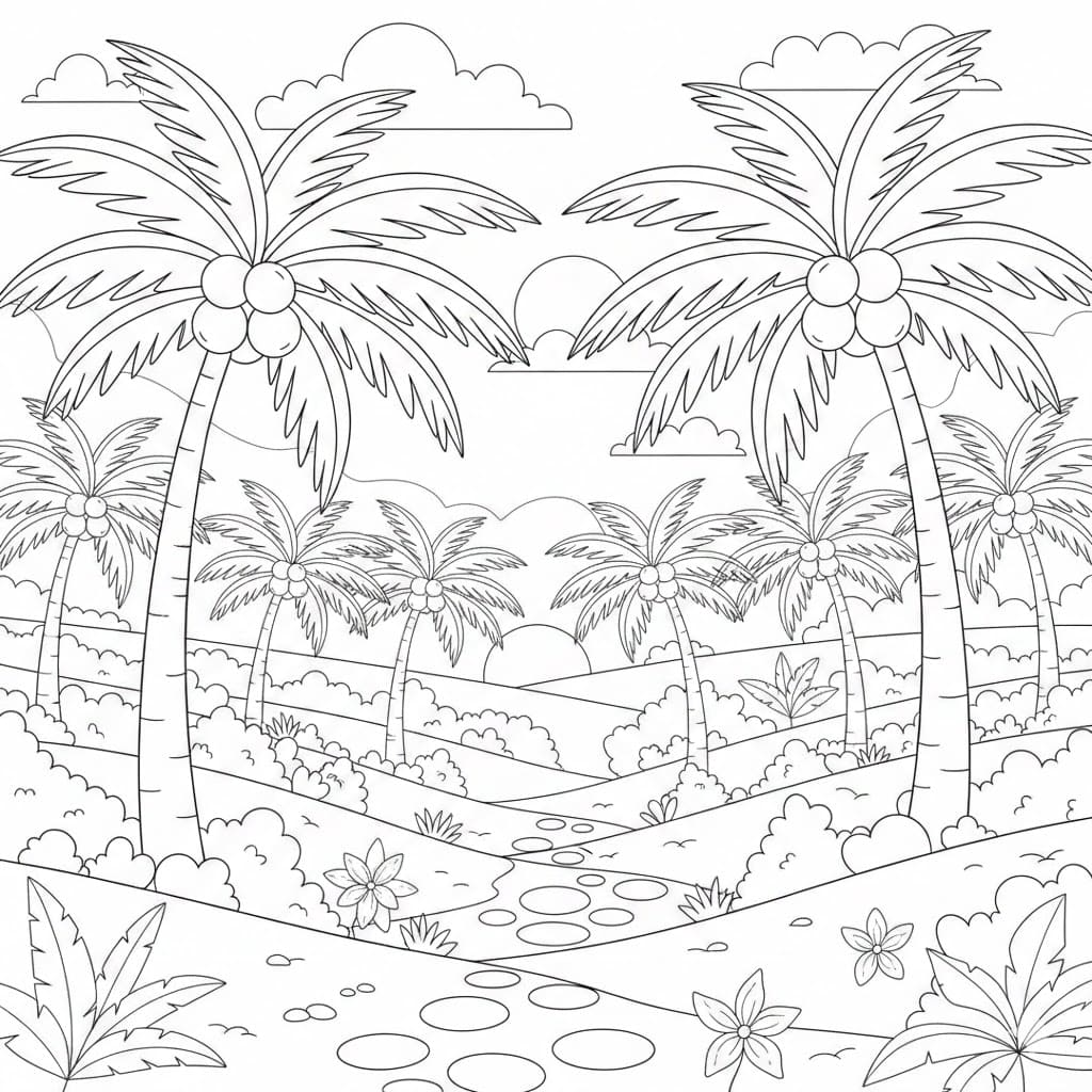 ระบายสี ภาพพิมพ์ต้นปาล์มสำหรับเด็ก