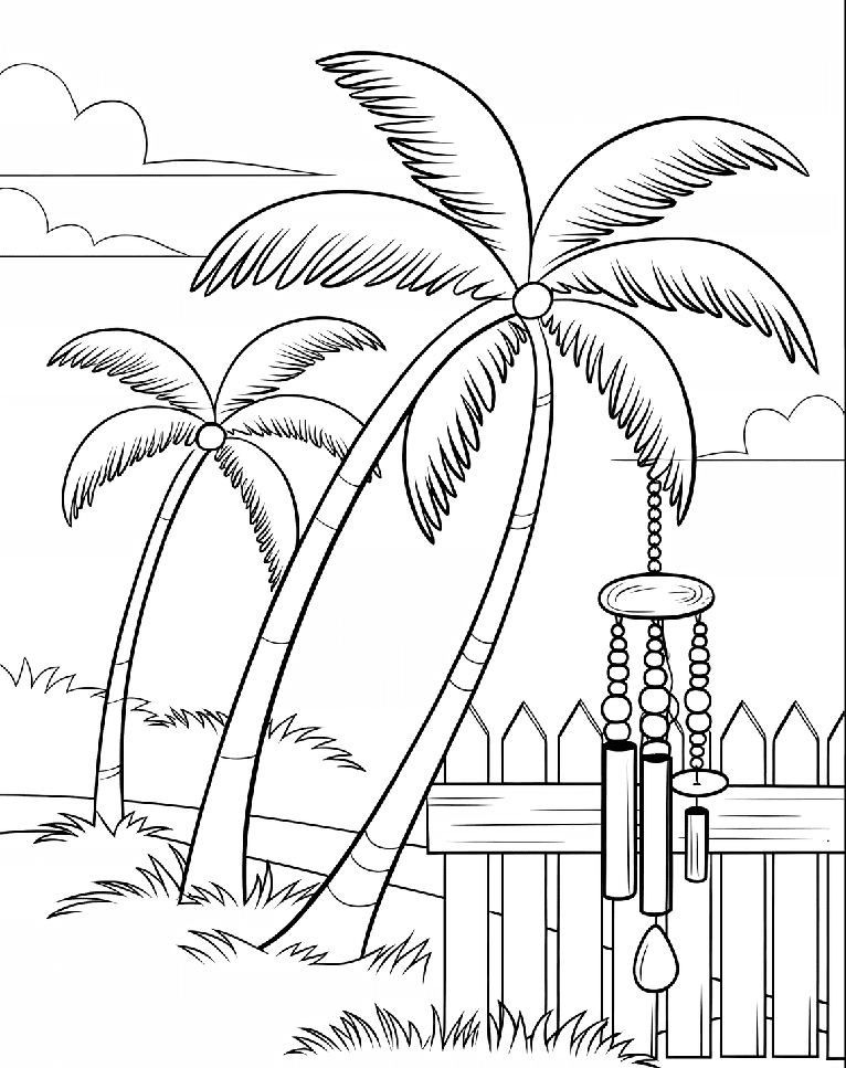 ระบายสี สวนต้นมะพร้าวริมรั้ว