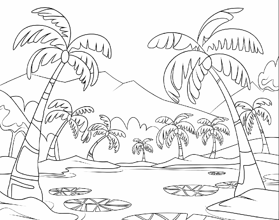 ระบายสี ทะเลสาบสงบใต้ต้นมะพร้าว