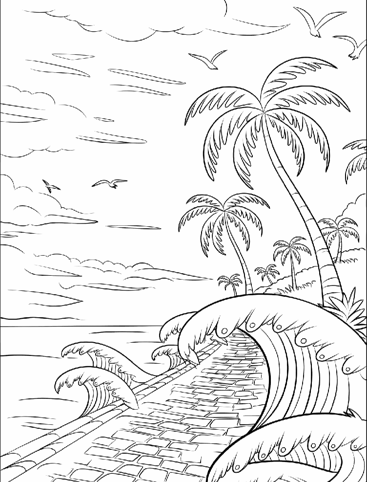 ระบายสี ทางเดินคลื่นทะเลกับต้นมะพร้าว