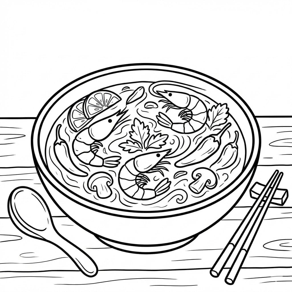 ระบายสี ต้มยำกุ้งบนโต๊ะไม้